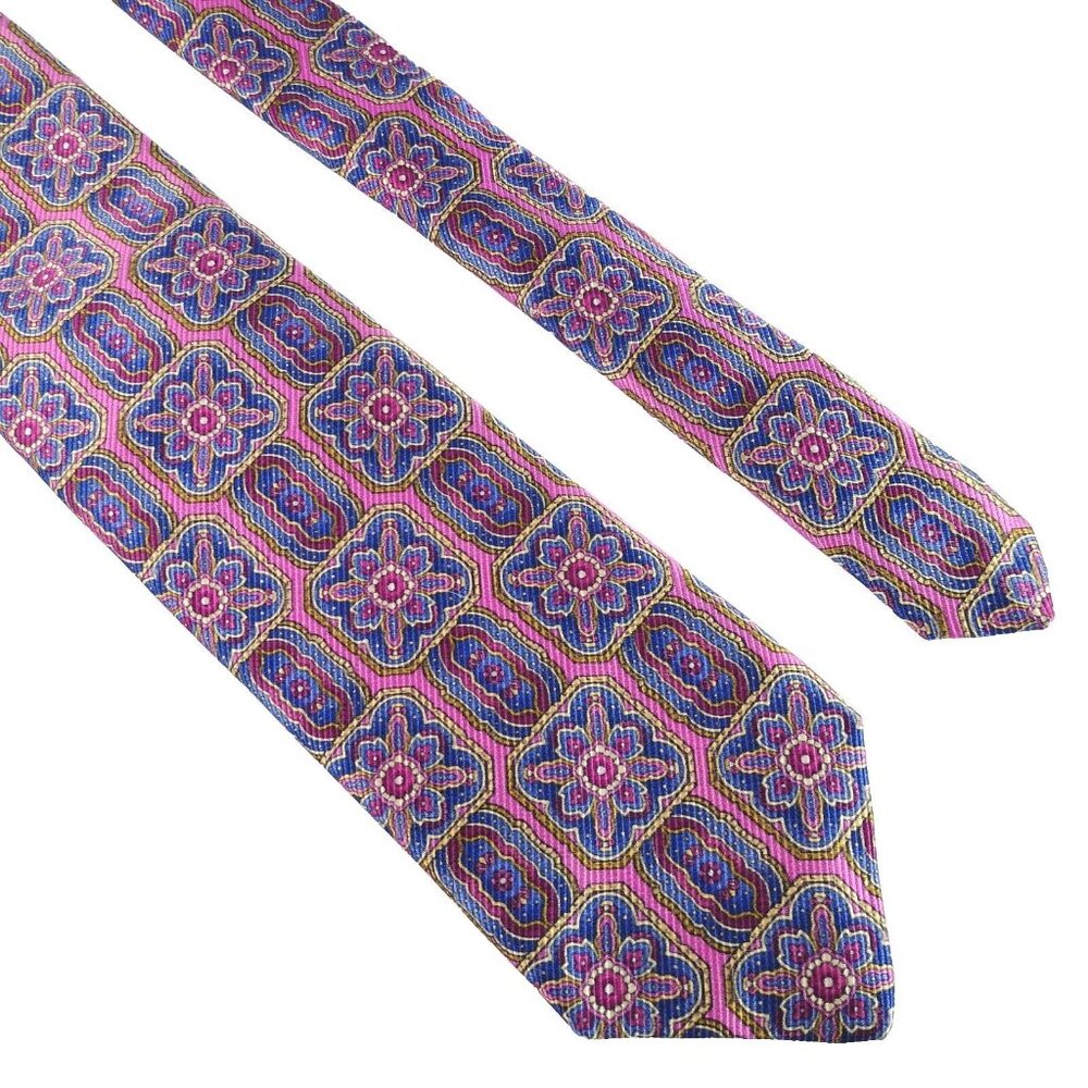 Robert Talbott Carmel Hand Sewn Silk Tie Vibrant Geometric Pink Blue & Gold USA